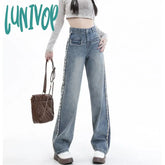 Lunivop Women’s Side Burr Design Wide Leg Blue Jeans Y2K Vintage Street Casual Narrow Denim